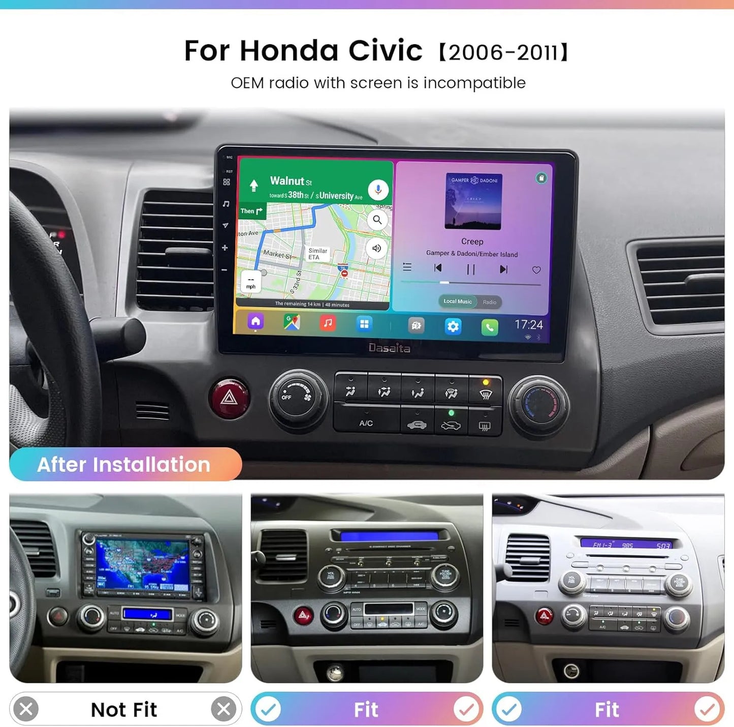 10.1 inches 1280*720 IPS Touchscreen Android 12 2+32GB Car Stereo for Honda Civic 2006-2011 Car Radio Carplay & Android Auto Support Backup Camera GPS Navi FM BT