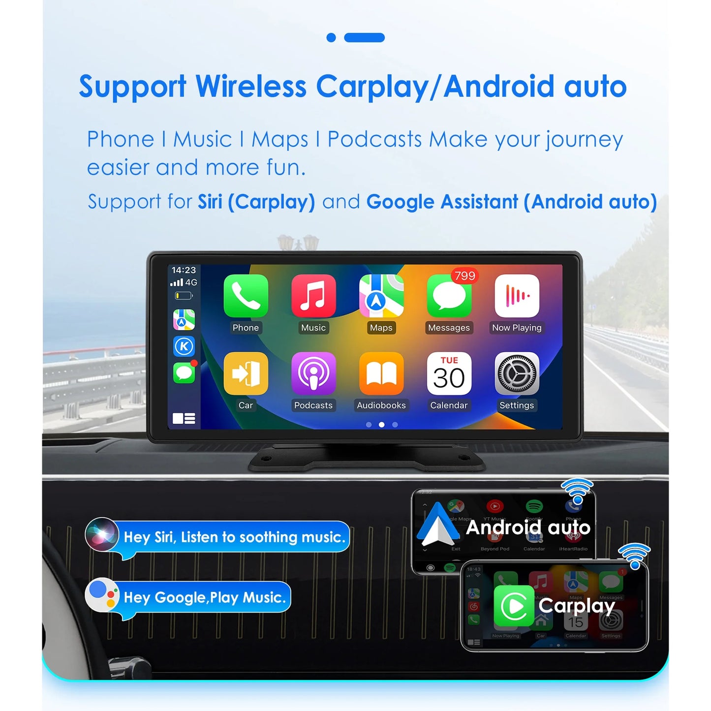 10.26" Touchscreen Apple Carplay Android Auto FM Car Radio Stereo Head Unit 360° Adjustable Bluetooth Mirror Link GPS Navigation Player