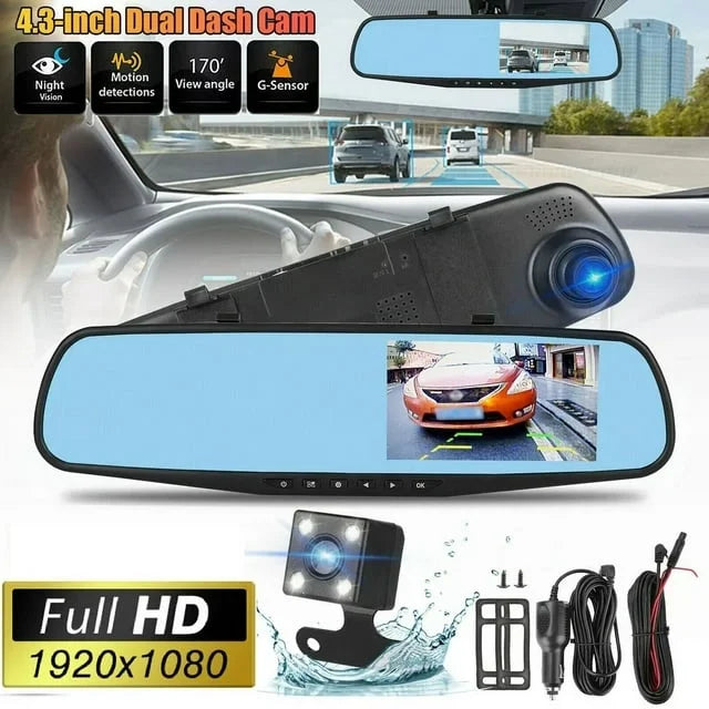 1080P Rearview Mirror Car Camera 4.3" Dash Cam for Cars Trucks, 170°Wide Angle Dual Lens Car Cam Front Rear DVR Monitor, Night Vision, Parking Monitor, G-sensor, Motion Detection