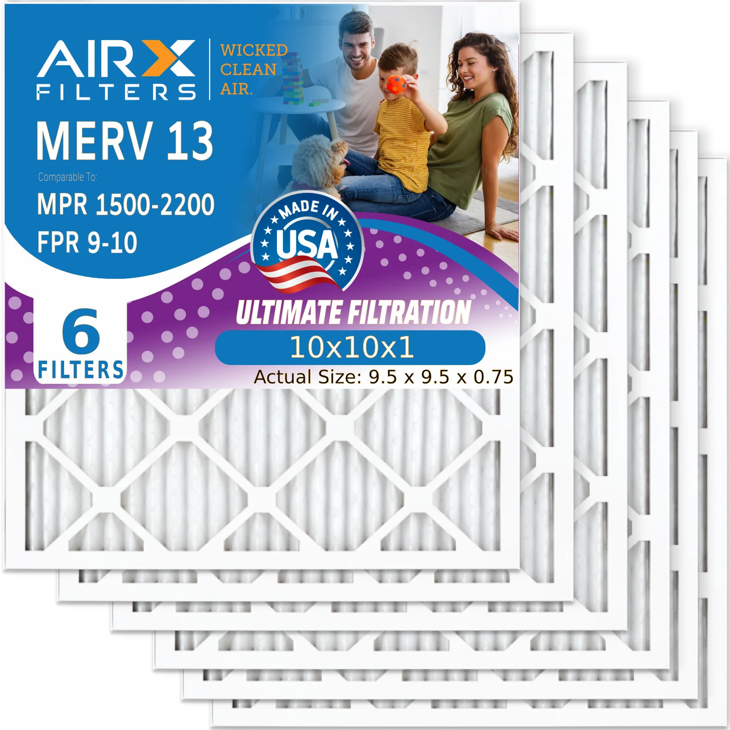 10x10x1 Air Filter MERV 13 Comparable to MPR 1500 - 2200 & FPR 9 Electrostatic Pleated Air Conditioner Filter 6 Pack HVAC AC Premium USA Made 10x10x1 Furnace Filters by AIRX FILTERS WICKED CLEAN AIR.