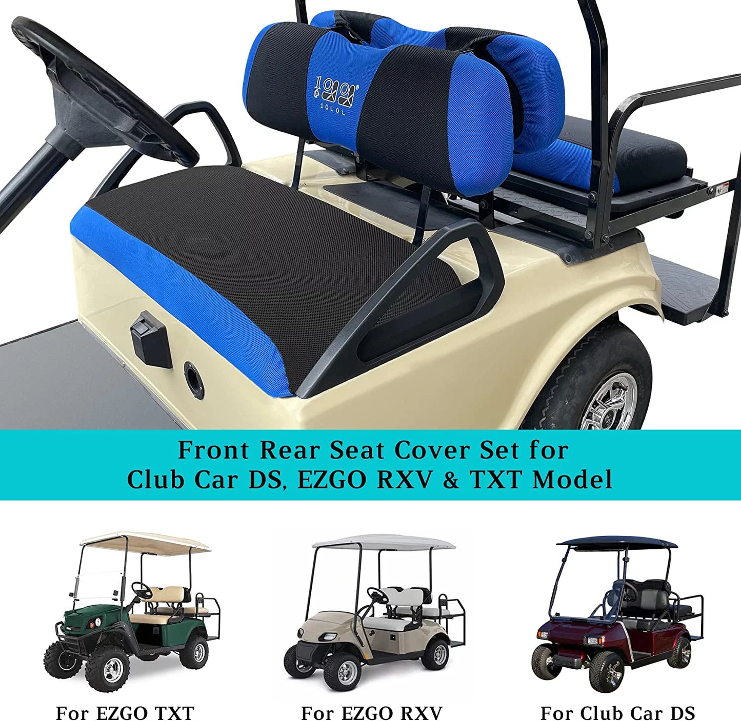 10L0L Golf Cart Front Rear Seat Coating Set for EZGO TXT RXV & Club Car DS 2000-up Blue Black